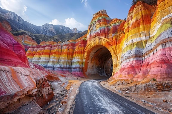 色とりどりの堆積物山のトンネルに通じる道
