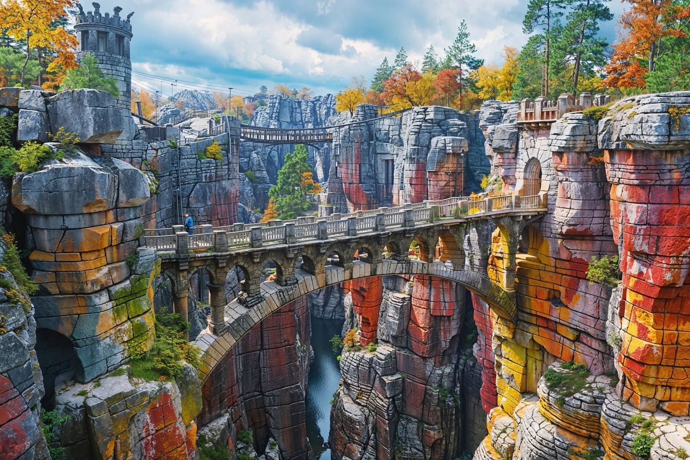 一座横跨五颜六色的峡谷的桥，通向童话般的城堡