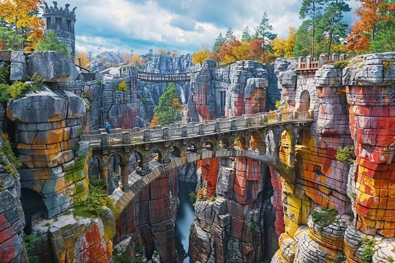 A bridge over a colorful canyon leading to a fairytale castle