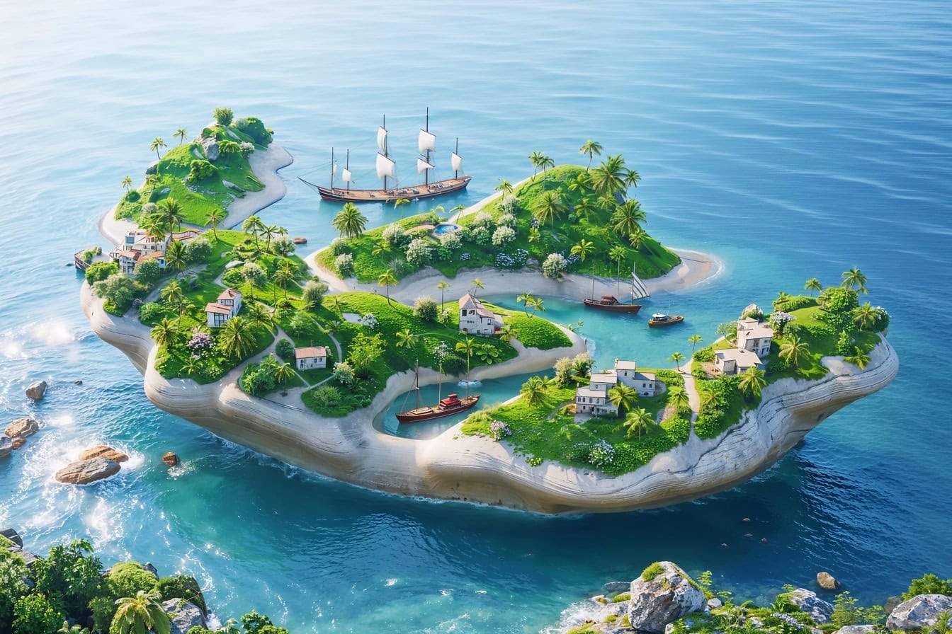 ภาพตัดต่อของเกาะเขตร้อนสวรรค์ที่มีเรือใบจอดอยู่ในอ่าว