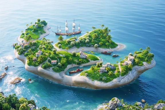 Fotomontagem da ilha tropical paradisíaca com veleiros atracados em sua baía