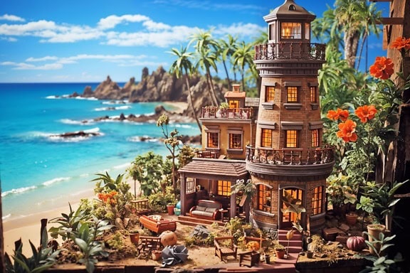 해변에 있는 등대 형태의 마법의 집의 미니어처 모델