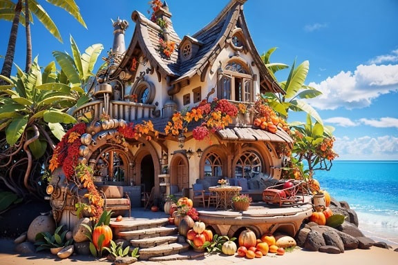 Mágica casa de cuento de hadas junto a la playa con calabazas en el porche