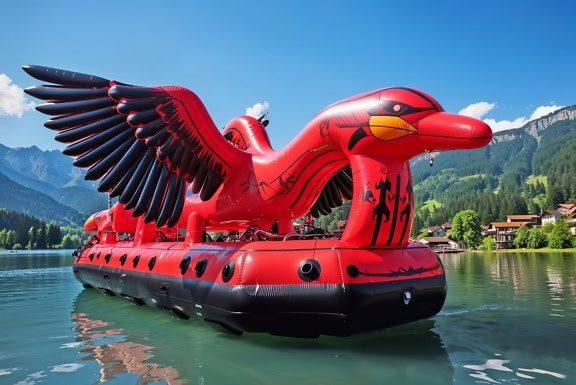 Inflatable raft in a shape of a red-black bird floating on water