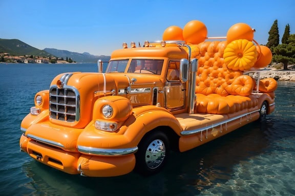 Large orange inflatable truck with orange balloons in water amusement park