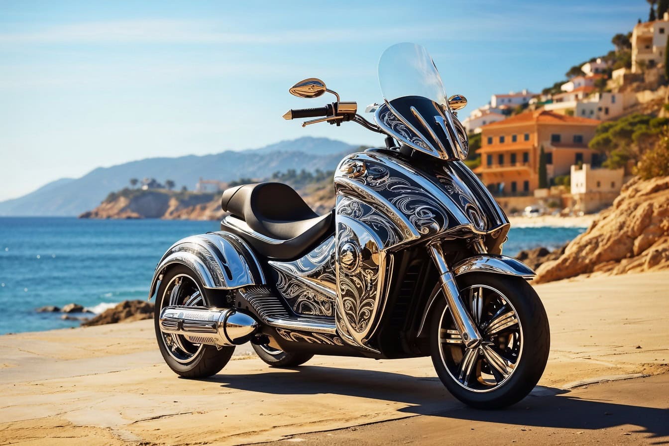 Trike motorcykel med luksus krom dekorationer parkeret på en strand i Kroatien