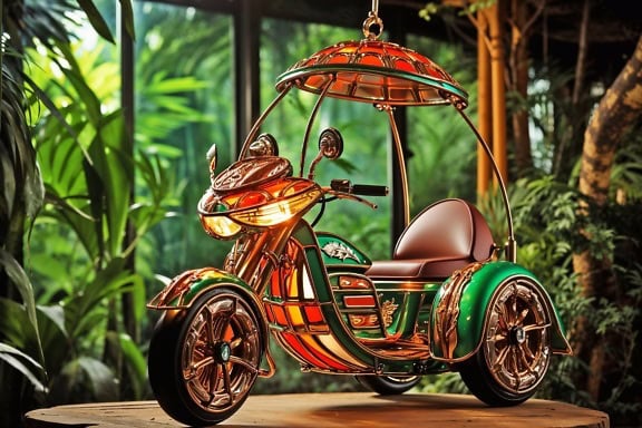 A stained glass lamp in a shape of a tricycle with a canopy