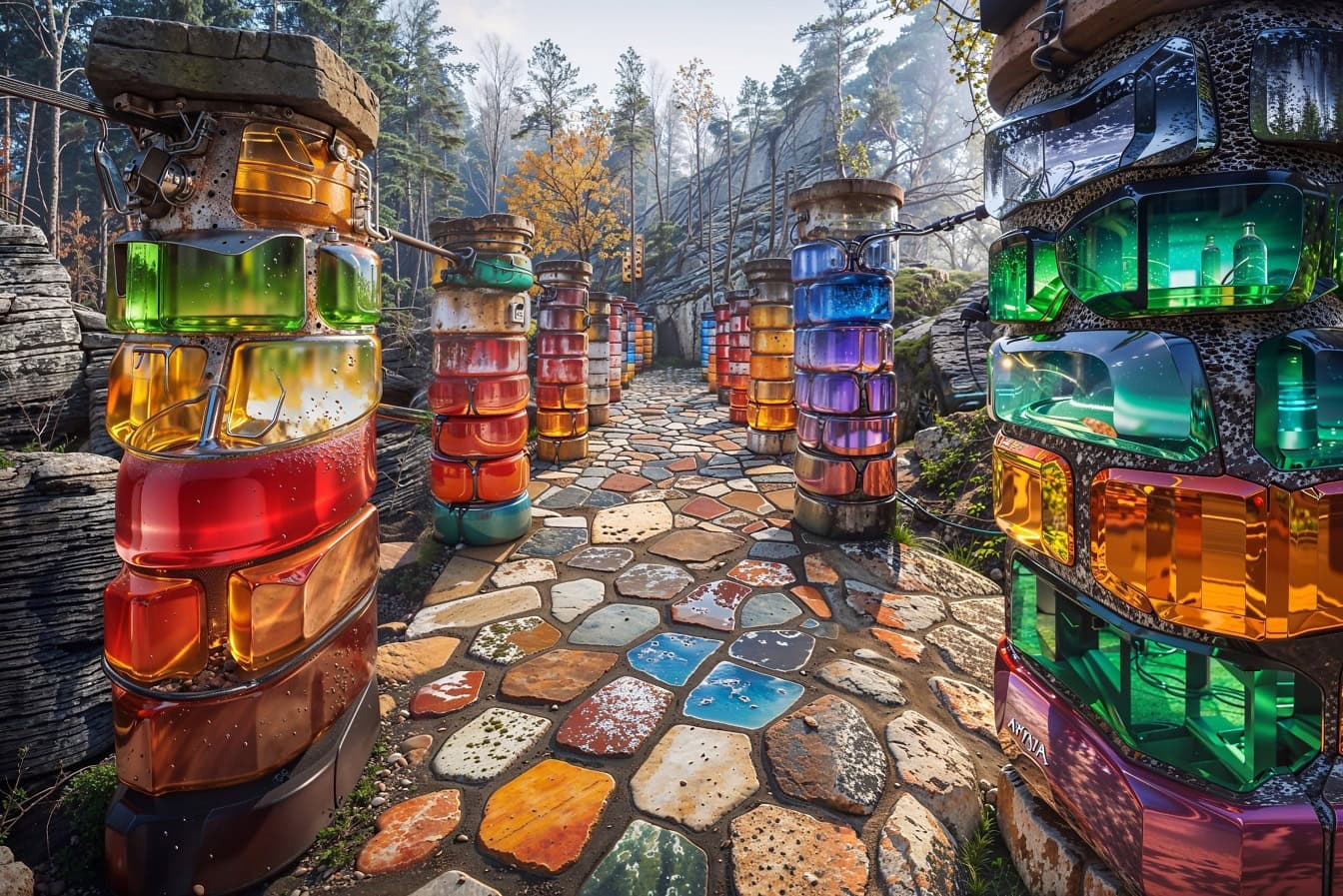Ścieżka z kolumnami wykonanymi z kolorowych, świecących kamieni szlachetnych
