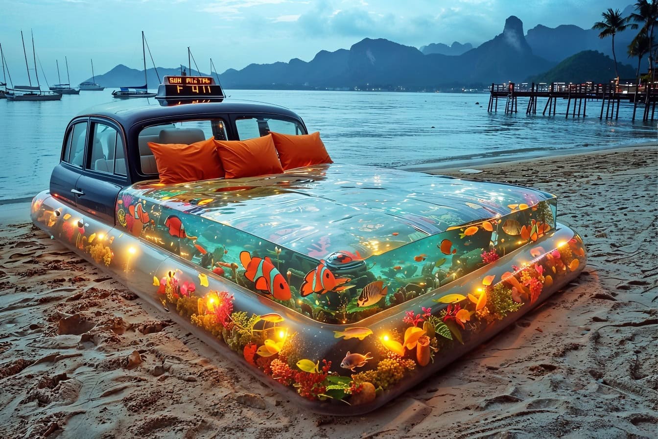Nafukovací vodní postel na pláži v podobě londýnského taxi ve večerních hodinách