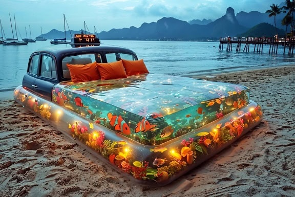 Nadmuchiwane łóżko wodne na plaży w formie londyńskiej taksówki wieczorem