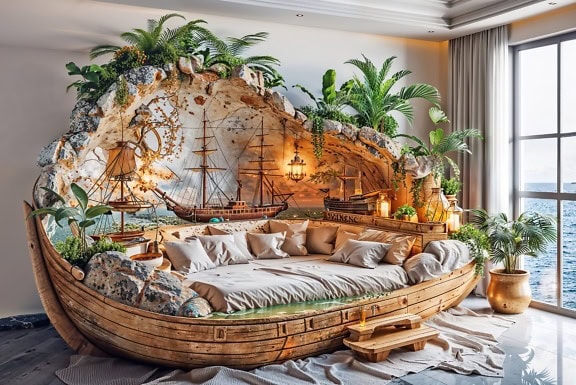 Rustic bed in nautical style in a bedroom of a bohemian captain