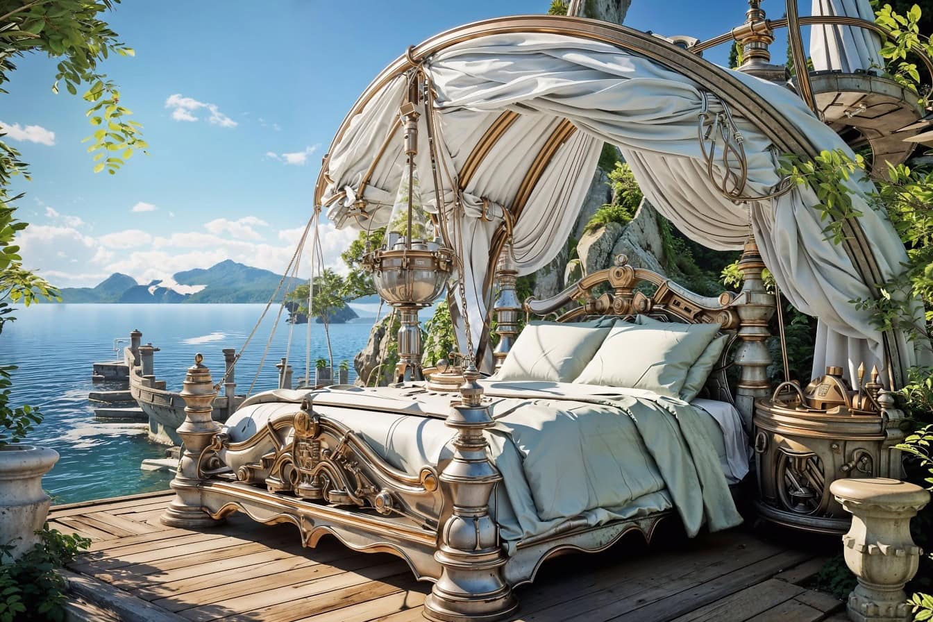 Koninklijk bed in Victoriaanse stijl met luifel op de veranda aan het strand,