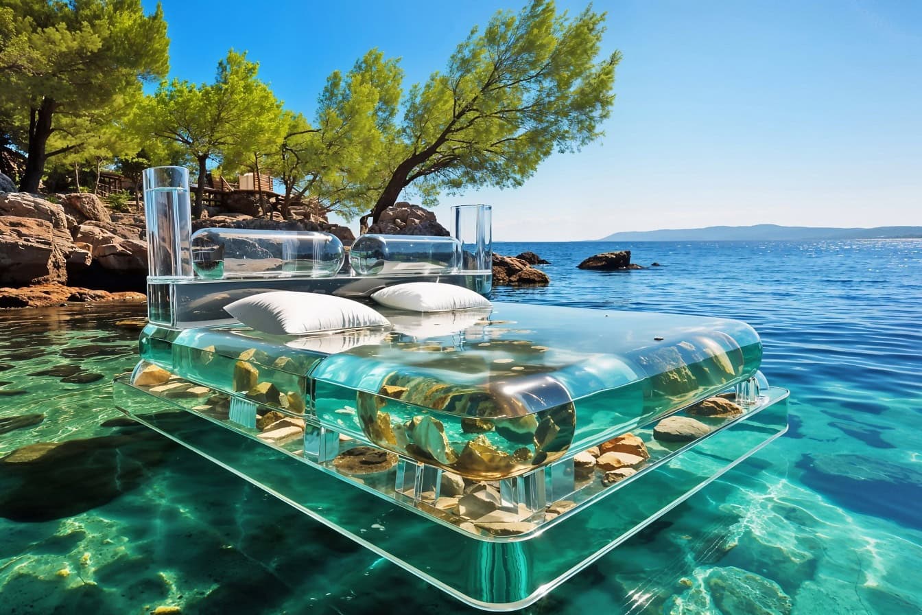 Łóżko wodne unoszące się w turkusowej wodzie Adriatyku