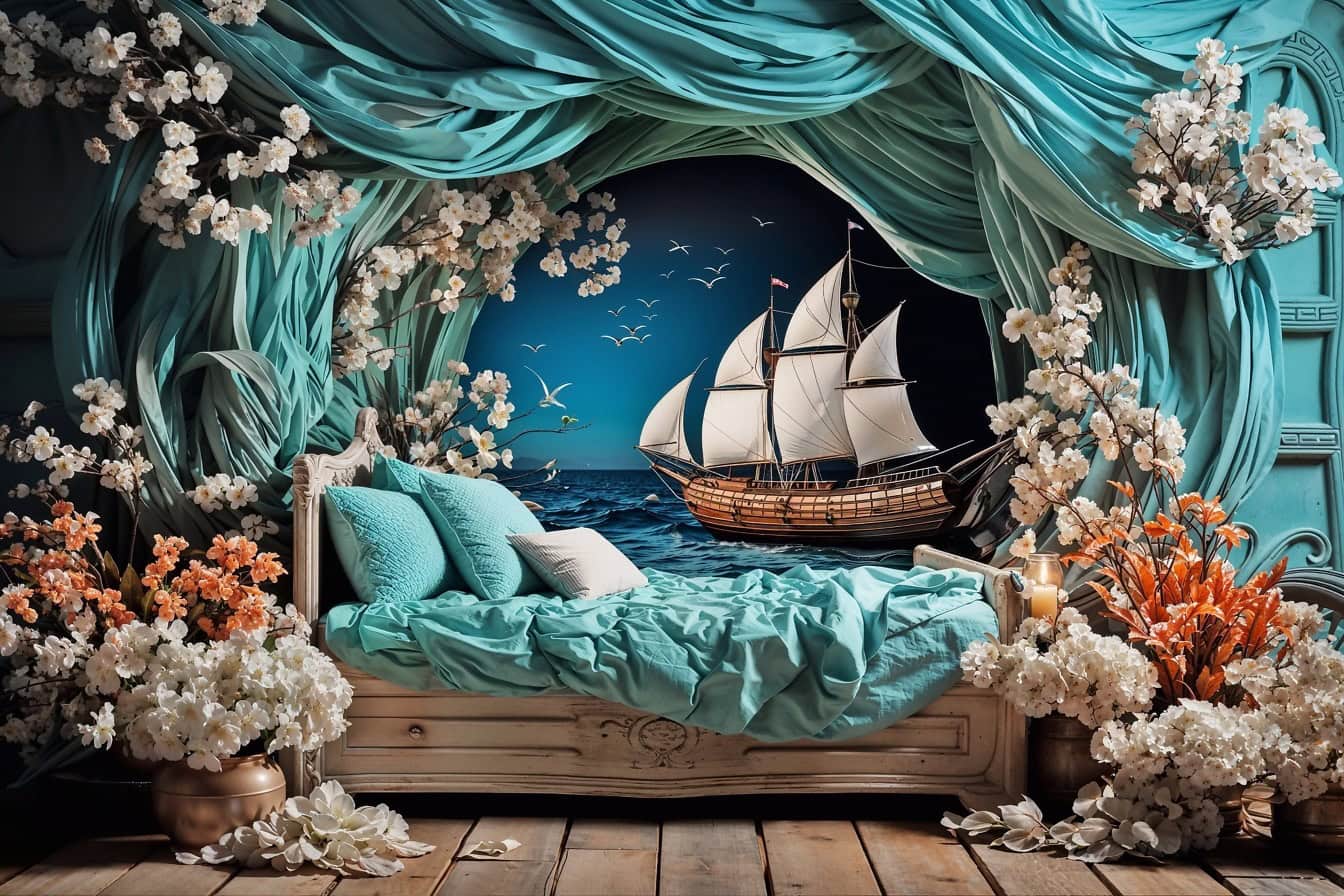 Kamar tidur dengan bunga di samping tempat tidur dan mural perahu layar di air