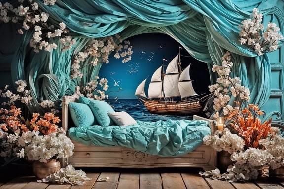 Slaapkamer met bloemen naast het bed en een muurschildering van een zeilboot in het water