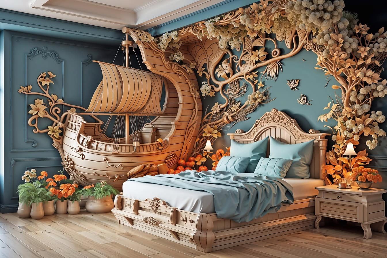 Quarto com decoração de luxo acima da cama e grande barco esculpido no canto do quarto