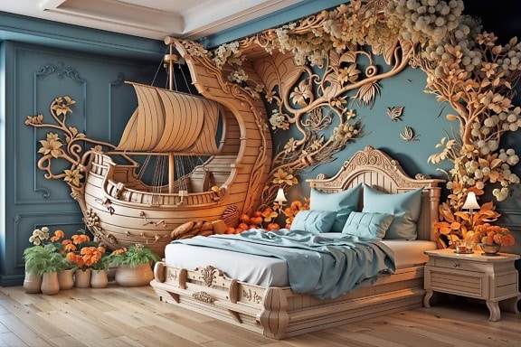 Slaapkamer met luxe decoratie boven bed en grote gebeeldhouwde boot in de hoek van de slaapkamer