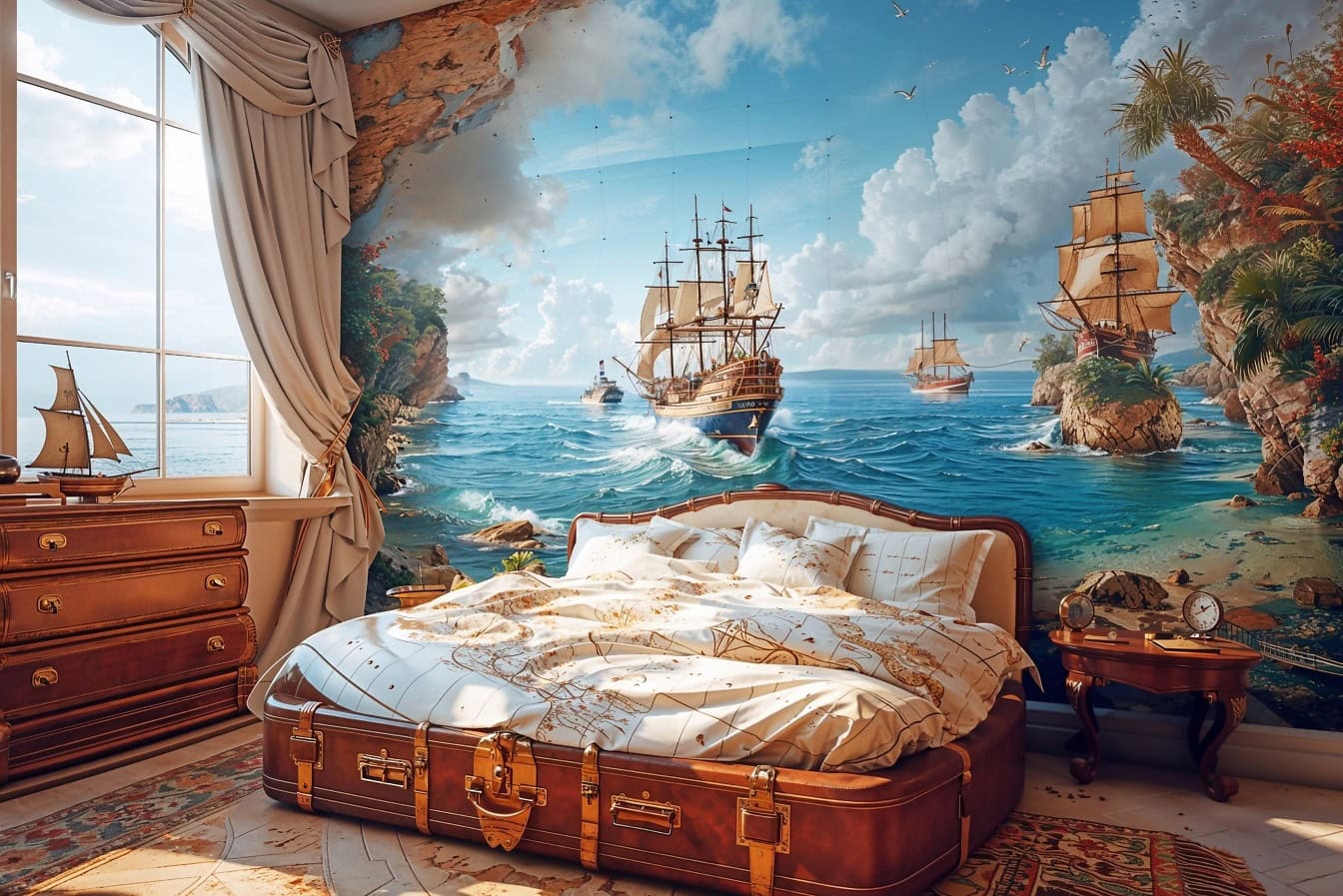 Quarto do capitão com uma grande cama em forma de mala velha e com um grande mural marítimo de navios na parede