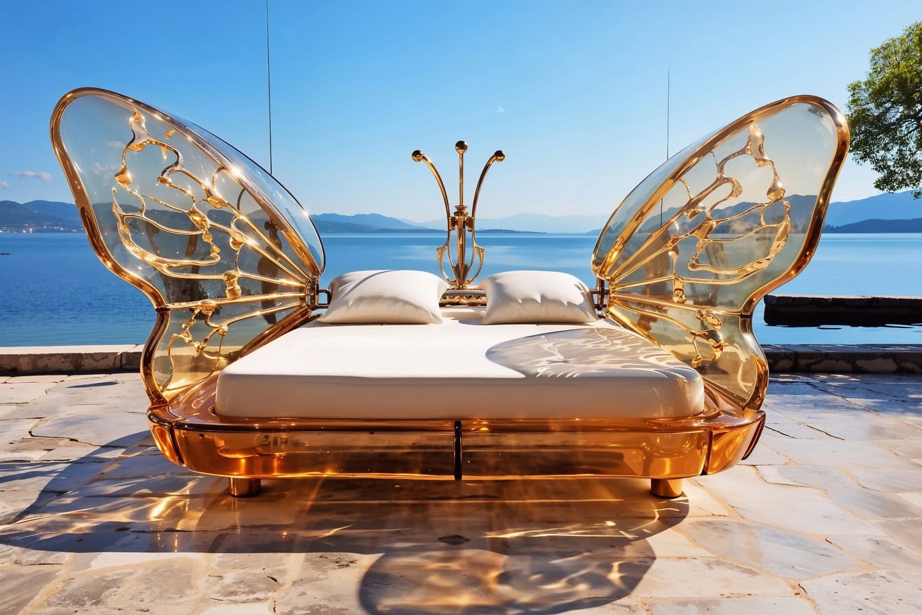 Cama dourada em forma de borboleta com asas semi transparentes e travesseiros em um terraço à beira-mar