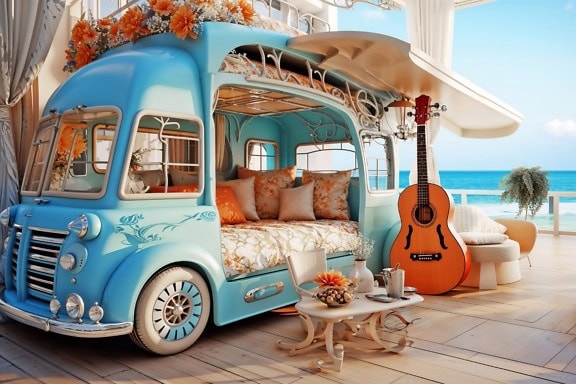 A classic old-timer van with an acoustic guitar and a table on a beachfront deck