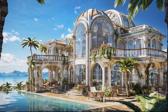 Rezidenční vila ve viktoriánském architektonickém stylu v podobě skleníku zimní zahrady s bazénem před ní