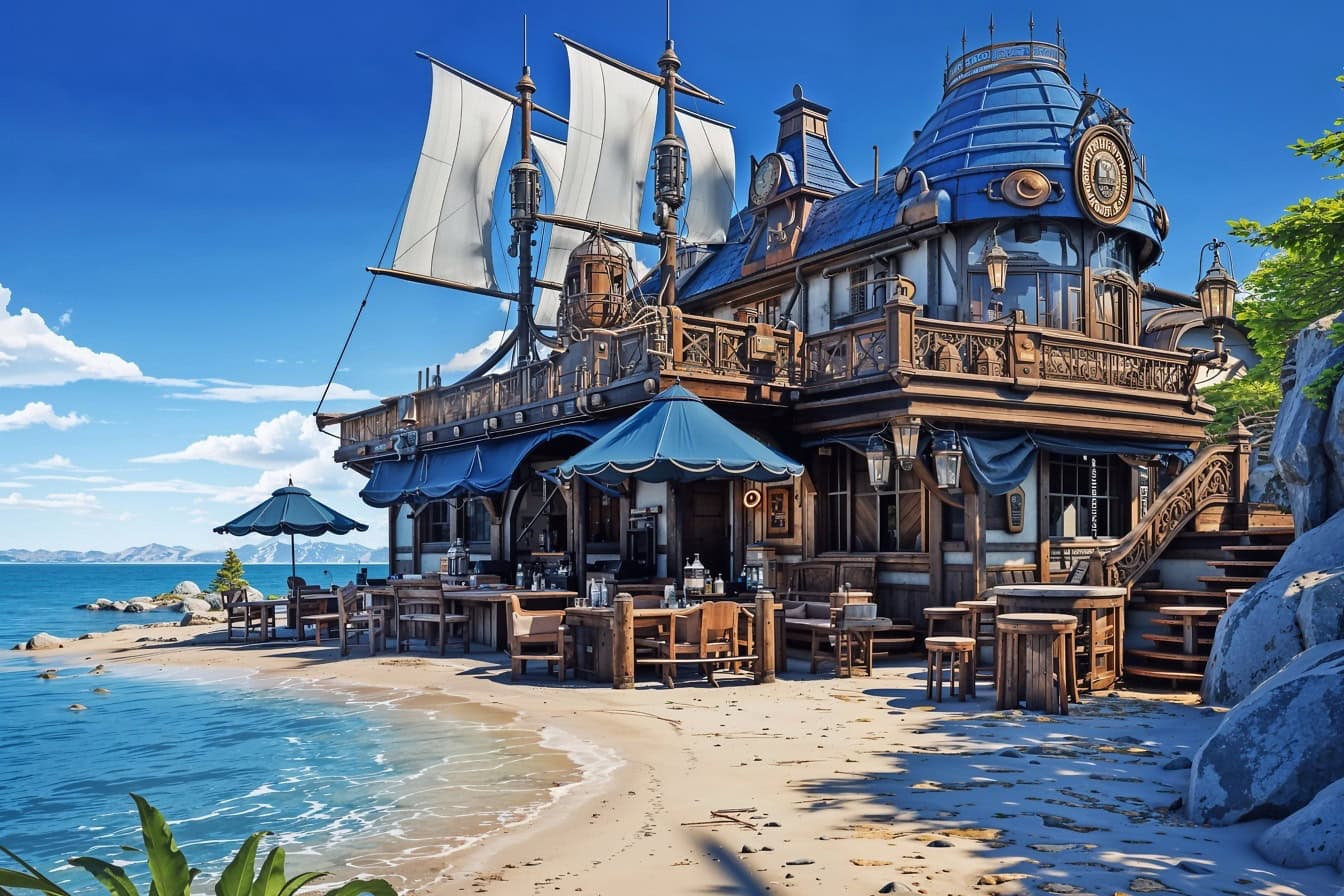 Een supergedetailleerd strandrestaurant in sprookjesachtige stijl met witte piratenmastzeilen en blauw dak