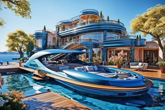 未来派豪华别墅的概念，在游泳池中设有船形休闲区