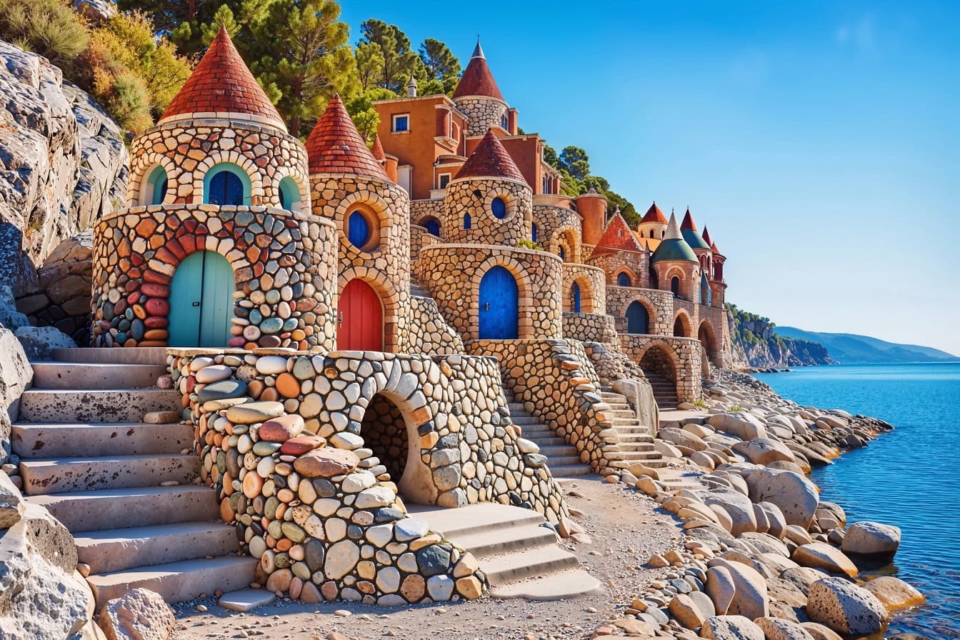 Värikkäästä kivestä valmistettuja varastoaitoja rannalla Kroatiassa