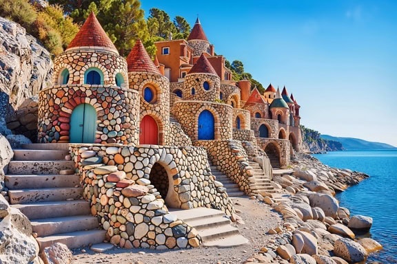 Skladovacie sýpky z farebného kameňa na pláži v Chorvátsku