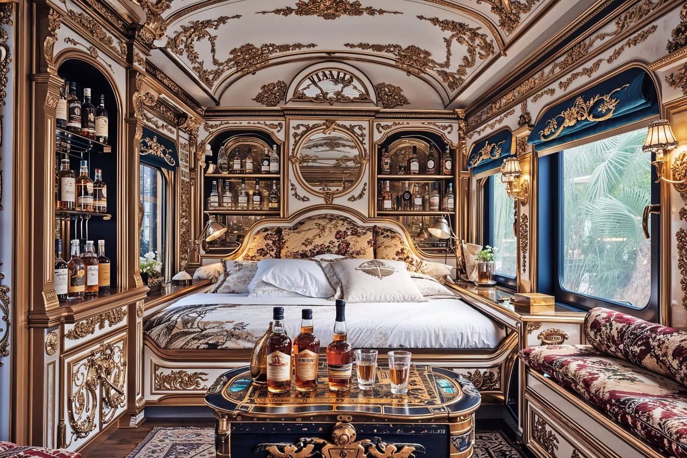 Dormitorio real de estilo victoriano en el interior del tren con una cama king-size y una mesa con botellas de whisky