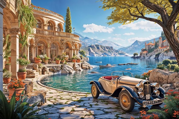 O mașină clasică din anii 1930 parcată pe terasa unei vile de pe plaja Mării Adriatice