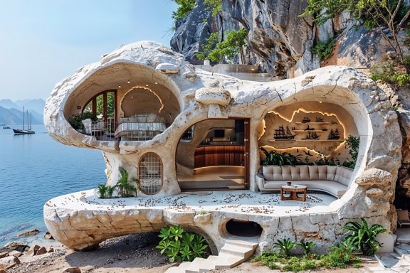 The concept of a summer holiday home carved from a rock on the coast