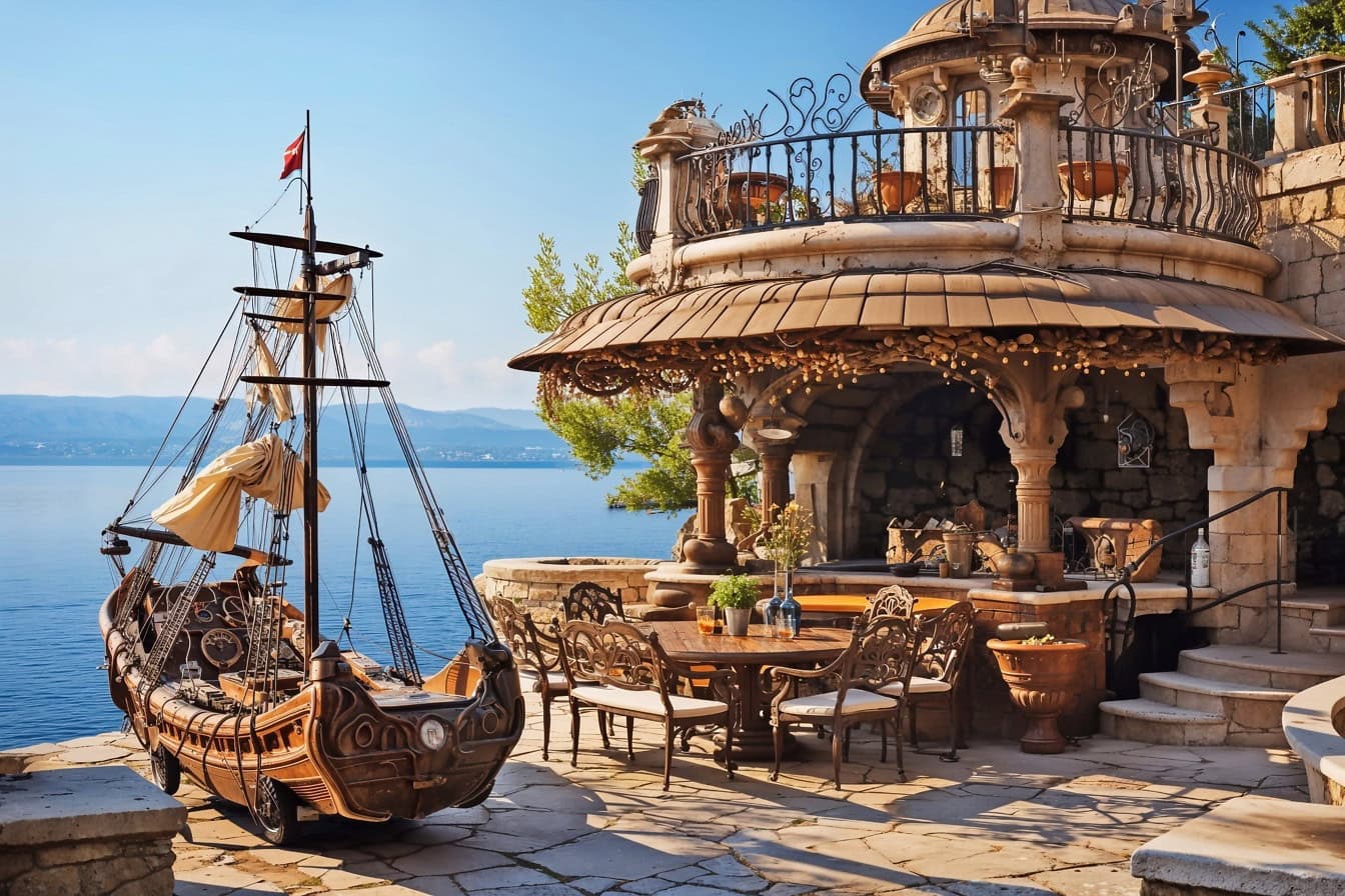 A beachfront restaurant in rustic style with old pirate ship on patio as decoration