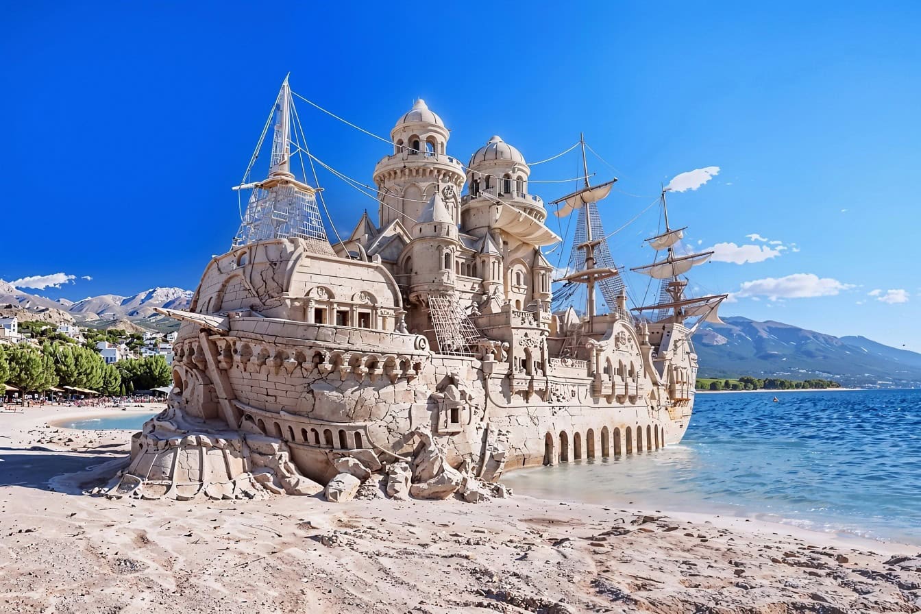 Замок из песка на пляже в виде старинного пиратского парусника