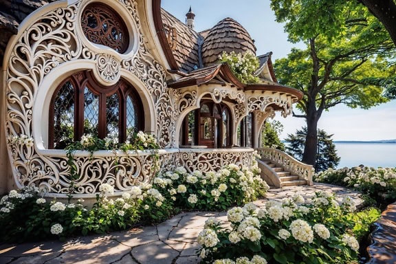 Сказочный домик с резным балконом и террасой с красивым садом перед ним