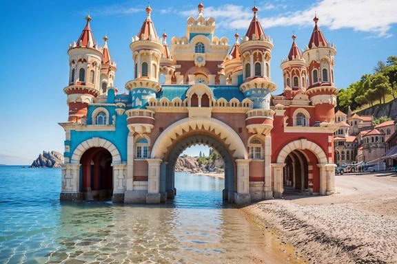 Um castelo de conto de fadas como atração turística pela praia na Croácia