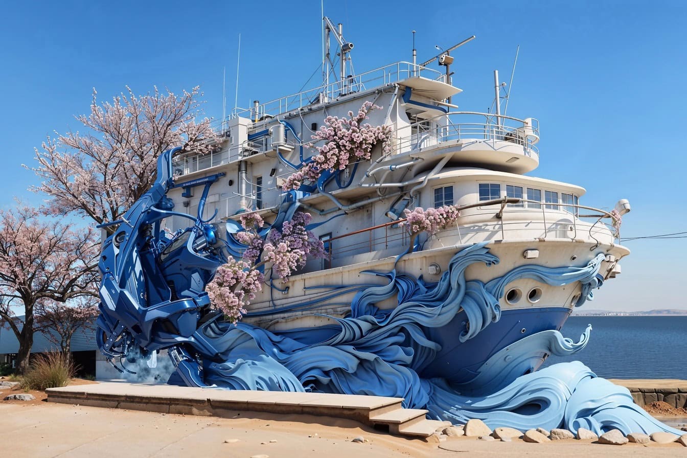 Dům vyrobený z výletní lodi obklopený modrými vlnami a rozkvetlými stromy na pláži