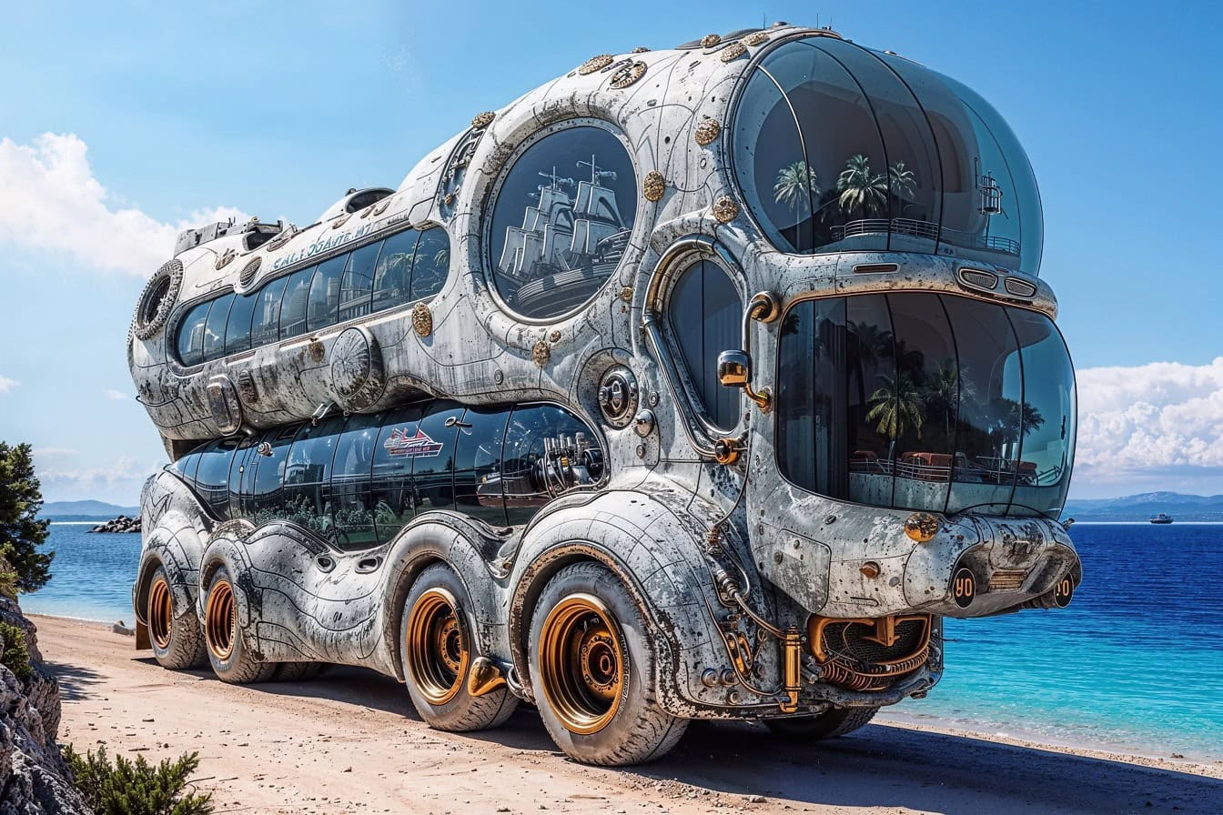 Koncept futuristického dvoupatrového obytného autobusu na pláži