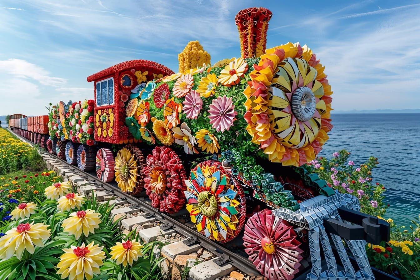 Et eventyrlig magisk damplokomotiv dekorert med fargerike blomster på en jernbane ved kysten