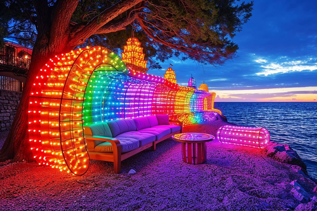 Красивая зона отдыха с разноцветными радужными огнями вокруг дивана на роскошном пляжном курорте