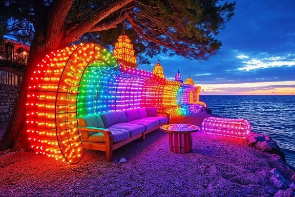 Красива зона за релакс с цветни светлини на дъгата около дивана в луксозен морски курорт