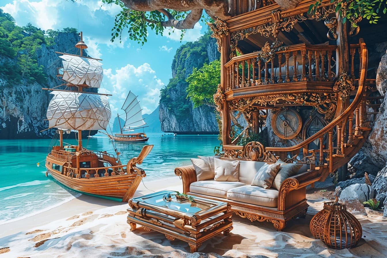 Место для отдыха на пляже с деревенским диваном в морском стиле и пиратским кораблем на заднем плане