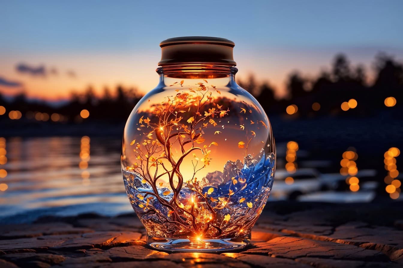 Arka planda alacakaranlık bulunan bir cam kavanoz şeklinde minyatür led diyotlu dekoratif lamba