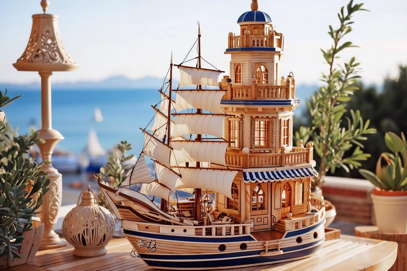 Masterpiece handmade wooden model of a pirate sailing ship with a lighthouse on deck
