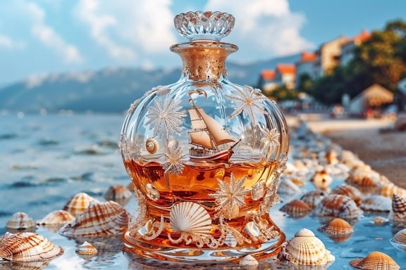 Dekoratívna krištáľová fľaša rumu s plachetnicou vo vnútri na pláži obklopená mušľami