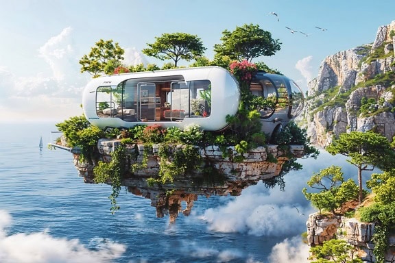 Koncepcja lewitującej wyspy, na której znajduje się futurystyczny domek kempingowy