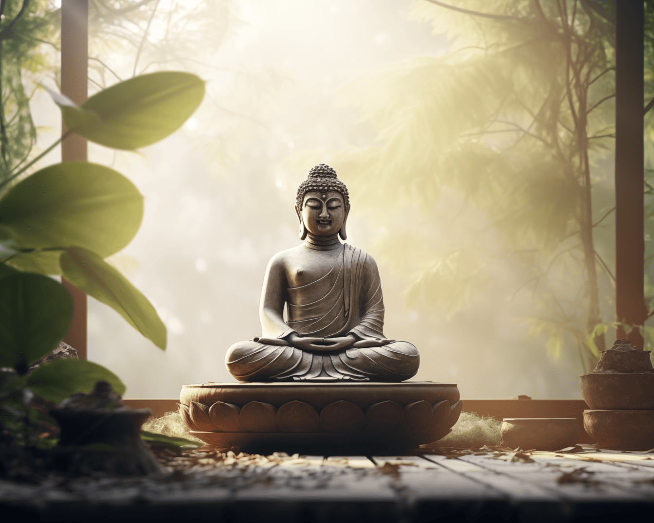 Buddha szobra lótusz pózban ül, zen meditációt gyakorol a tornácon, háttérben lágy napsugarakkal