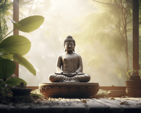 Socha Buddhy sedícího v lotosové pozici praktikujícího zenovou meditaci na verandě s měkkými paprsky slunce v pozadí