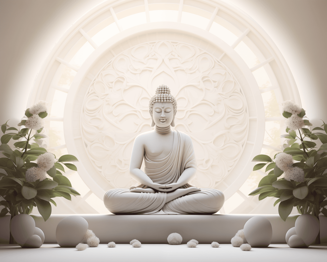 Storslått hvit statue av en Buddha som sitter i lotusstilling og mediterer ved siden av hvite blomster