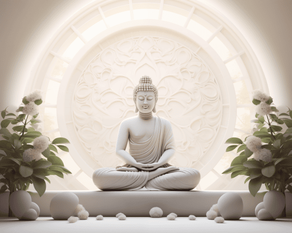 Nádherná bílá socha Buddhy sedícího v lotosové pozici a meditujícího vedle bílých květin